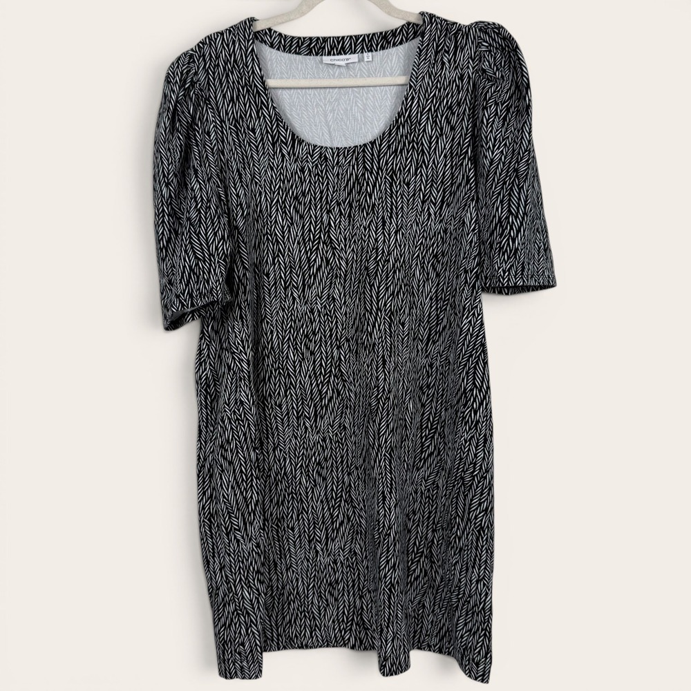 Chicos Black White Geometric Print Puff Sleeve Shift Dress Women's Size 3 XL